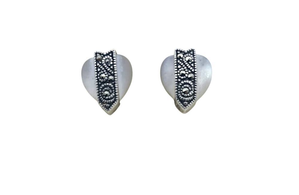 Vtg Sterling Silver Mother Of Pearl Marcacite Heart/teardrop Stud Earrings